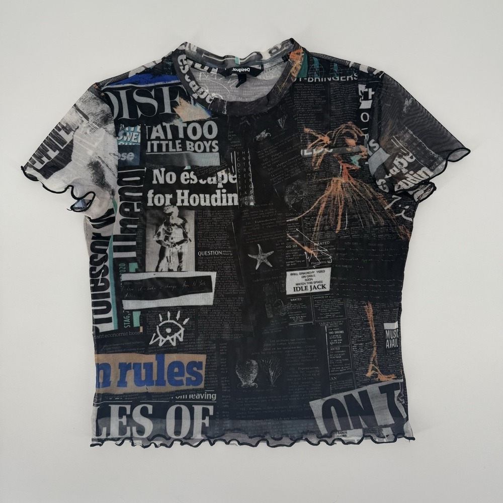 Desigual Slim Cropped Newspaper T-shirt  L Sheer Lettuce Hem Y2K Streetwear Edgy